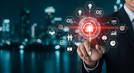 Businessman interacting with a futuristic digital interface showing business growth and performance analytics against a modern cityscape background