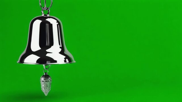 A shiny silver bell with a decorative clapper hangs against a vibrant green background image here christmas bell green screen video