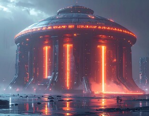 Futuristic, circular spaceship-like structure on a misty shoreline