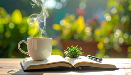 Steaming cup of coffee rests on open book next to succulent