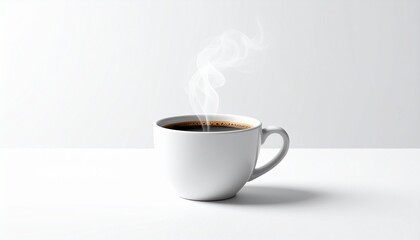 Hot steaming cup of coffee in a white mug on a white surface, perfect for morning routines and energy boosts