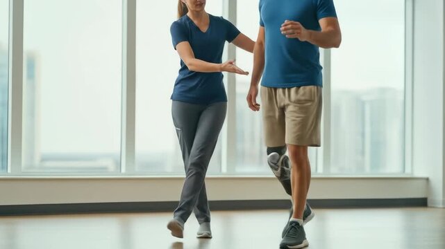 female physical therapist assists caucasian man with advanced prosthetic leg during rehabilitation session. concept of healthcare, innovation, and recovery. medical technology, copy space.