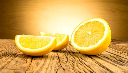 Lemon wedges rest on a weathered wooden surface against a warm, glowing background