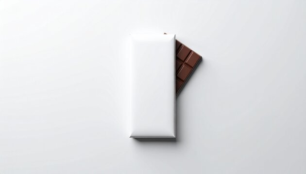 Clean and inviting overhead shot of a premium chocolate bar, half-unwrapped from its elegant white packaging, showcasing the rich texture and promise of a sweet, indulgent experience
