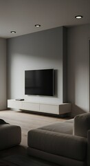 A modern living room featuring a large flat-screen TV mounted on a gray wall, complemented by a minimalist white media console. Soft, natural light filters in, creating a serene atmosphere.
