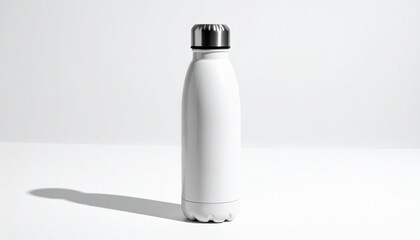 White insulated water bottle isolated against a plain background with a shadow, minimalism