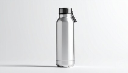 Sleek Silver Water Bottle Hydration Essential on White Background with Black Cap and Handle