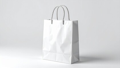 Blank white paper shopping bag with twisted rope handles, standing on a minimalist background, ideal for retail branding, sustainable packaging, and customizable design mockups