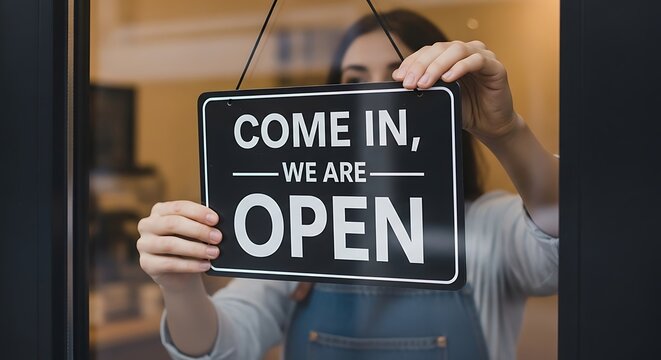 Woman hanging open sign - Powered by Adobe