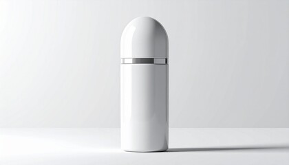 Sleek white cylindrical bottle with silver accent on clean background