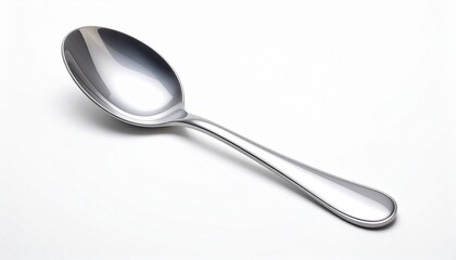 Bright, polished metal spoon isolated on a white background, showcasing essential kitchen cutlery, perfect for dining, serving, and culinary measurement tasks