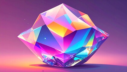 Iridescent geometric crystal figure, light refracts in bright hues, soft violet background