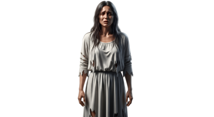 Woman in distressed clothing emotional expression sorrowful pose pale complexion simple attire depicts sadness.