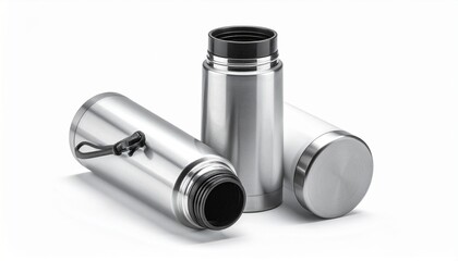 Sleek stainless steel insulated bottles and thermoses, designed for sustainable hydration. A modern, durable solution for convenient, eco-friendly beverage transport