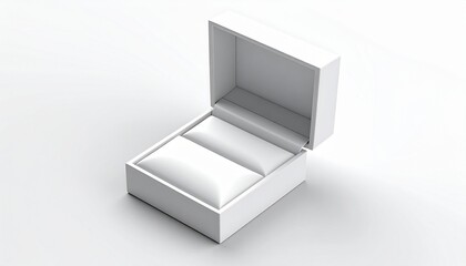 Elegant white empty jewelry box with an open lid, showcasing a pristine cushioned interior, ideal for presenting a diamond ring, engagement proposal, or special gift in a luxurious and clean setting