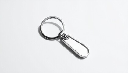 Blank Metal Keychain on White Surface Minimalist Design for Customization and Branding