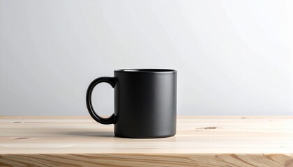Blank black ceramic coffee cup sitting on a light wooden table against a clean white background, a perfect mockup for design branding