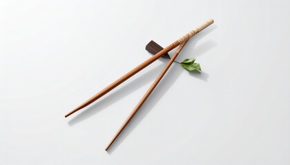 Minimalist composition showcasing natural wooden chopsticks elegantly resting on a holder with a delicate green leaf, creating a serene and refined Asian dining aesthetic on a clean white background