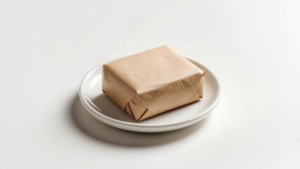 A simple bar of soap wrapped in brown paper on a white dish.