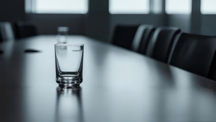 A single glass of water sits on a polished conference table in an empty meeting room.