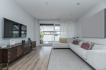 Living and dining room with L-shaped sofa, marble coffee table, and dining area for six