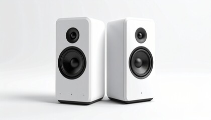Obraz premium Pair of sleek white modern bookshelf speakers for high-fidelity audio playback, showcasing contemporary design and advanced sound technology