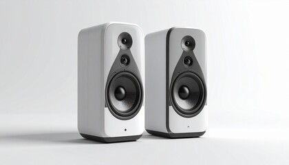 Fototapeta premium A pair of modern white bookshelf speakers with a sleek minimalist design for high-fidelity audio, isolated on a clean studio background