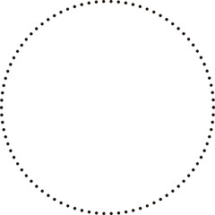 This is a minimalist graphic image featuring a large circle composed entirely of small, black dots. These dots are evenly spaced and form a perfect circular outline against a plain.