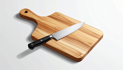 A sharp, professional kitchen knife resting on a rustic wooden cutting board, ready for food preparation