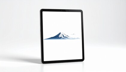 Fototapeta premium Digital tablet displaying a minimalist landscape painting of a snow-capped mountain range under a clear sky on a plain white background