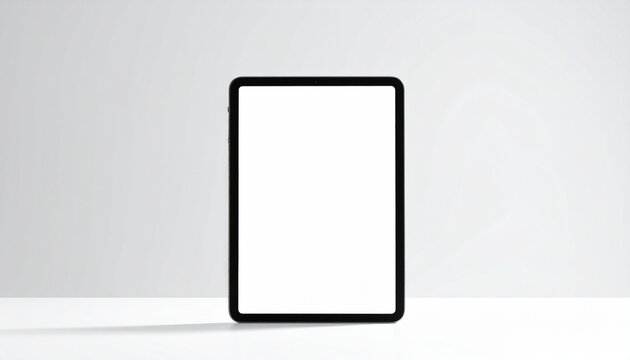 Sleek digital tablet with a blank white screen standing vertically on a table, providing a clean mockup template for website or app display