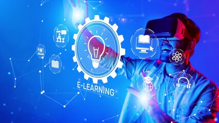 A user excitedly explores a virtual reality platform for e-learning, surrounded by engaging digital icons and futuristic elements representing education and innovation. Raster - Powered by Adobe