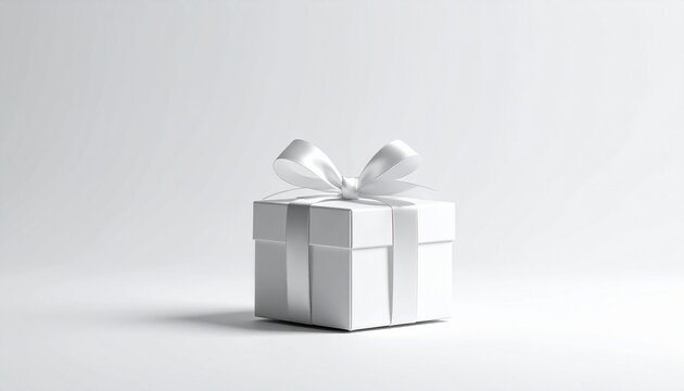 Elegant white gift box with a delicate satin ribbon and bow, meticulously presented on a clean, minimalist white background, symbolizing purity, celebration, and thoughtful gifting for special moments