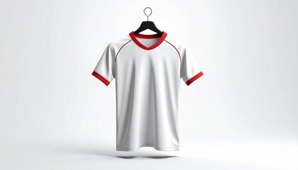 White short-sleeve t-shirt mockup with red trim on hanger. Clean design template for custom apparel, branding, or product display against an isolated background