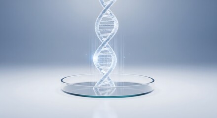 A 3D representation of a DNA double helix structure illuminated against a soft gray background. The helix appears to be floating above a glass surface.