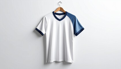 Crisp white and navy blue short-sleeve v-neck t-shirt, presented on a wooden hanger against a clean, bright background, embodying simple fashion, casual style, and design potential
