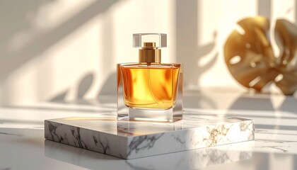 Elegant golden perfume bottle sits on a marble pedestal, beautifully illuminated by sunlight casting dramatic shadows from a tropical leaf