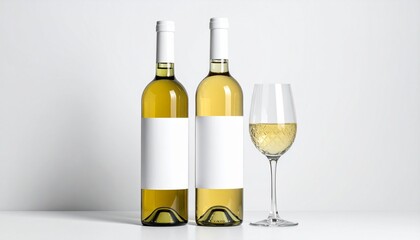 Two elegant bottles of white wine with blank labels stand next to a full glass, creating a perfect mockup for branding on a clean white background