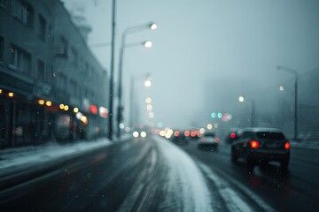 Blurry winter city street scene