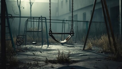 Abandoned Playground Swing Set in Eerie Foggy Atmosphere.