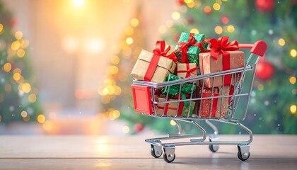 Shopping cart filled with colorful gifts in front of a blurred Christmas background