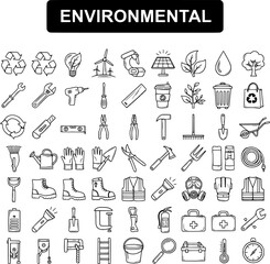 Environmental, Work  Safety Tools Line Art Icons Set. Includes Sustainable Energy, Gardening, Construction, and First Aid Equipment.