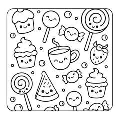 Cute Comfy Kawaii Pattern Coloring Pages,	
comfy pattern coloring pages, bold and easy coloring pages, coloring book, line art, illustration, victor, black and white coloring pages, Hand-drawn art