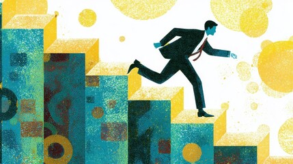 Businessman climbing stairs towards goal, business progress, abstract modern illustration, isolated on white background. 