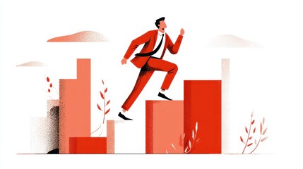 Businessman climbing stairs towards goal, business progress, abstract modern illustration, isolated on white background.	