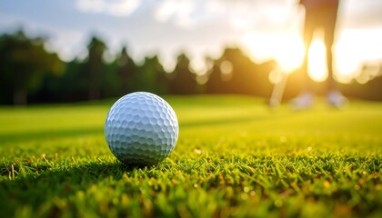 Golf ball resting on green grass with a golfer and trees blurred in the background