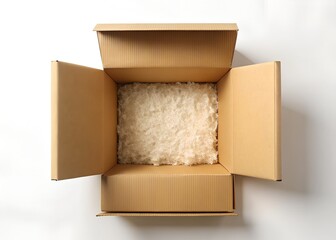 Open cardboard box with white packing material inside, isolated on white background