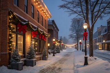 Charming Small Town Street Decorated for Christmas in Winter with Fresh Snowfall at Dusk