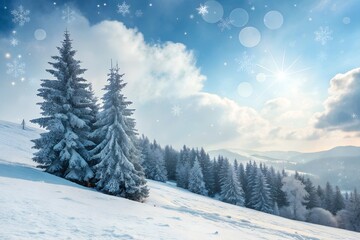 Naklejka premium Winter Wonderland Landscape Featuring Snow Covered Pine Trees Against a Bright Blue Sky and Clouds