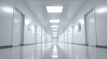 Naklejka premium Infinite Perspective Down a Sterile, Monochromatic Corridor with Glistening Reflections.